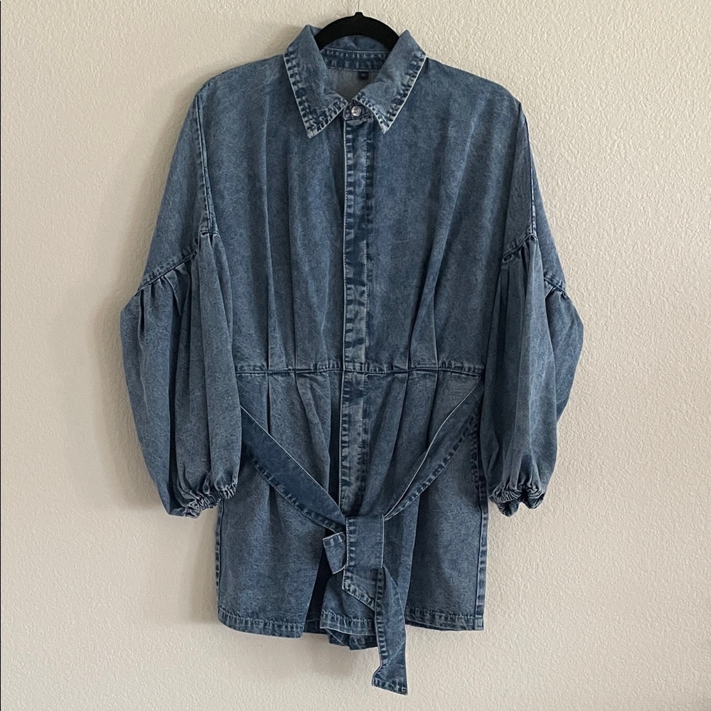 Women Denim Button-Up Ballon Sleeve Romper w/ Belt XL Causal Cotton Contemporary